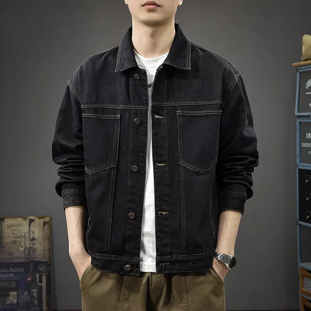 前进牛 美式休闲高街复古潮牌轻奢高级感潮流极简风辑明线牛仔外套 男款