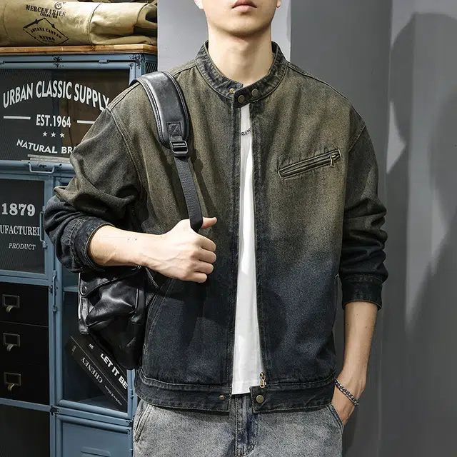 前进牛 秋季美式休闲经典复古潮牌高端渐变拽酷高街立领外穿衬衫男潮流硬汉风哈灵顿水洗痞帅宽松休闲夹克衬衣男牛仔外套 男款