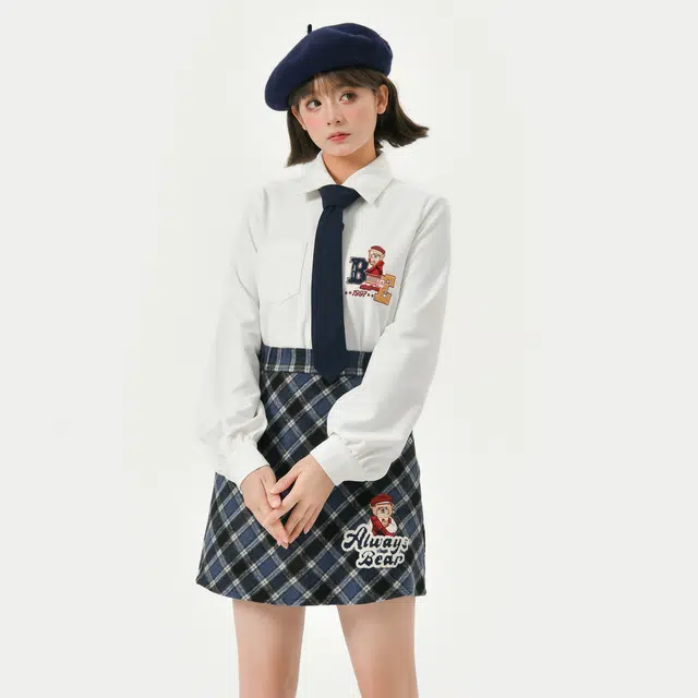 森女部落 卡通动漫学院风长袖衬衫套装 女款 小熊校长