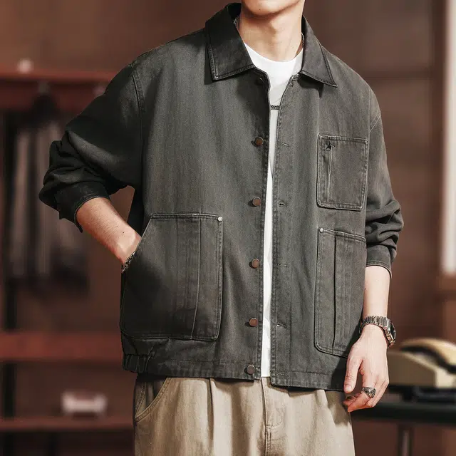 格蓝鹿 美式潮流复古阿美咔叽风工装多口袋宽松长袖潮牌痞帅休闲户外出行穿搭翻领上衣夹克外套 男款