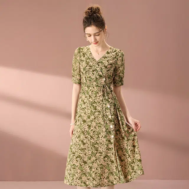 粉红玛琍 春,夏,秋 轻薄短袖连衣裙 收腰 女款 绿色