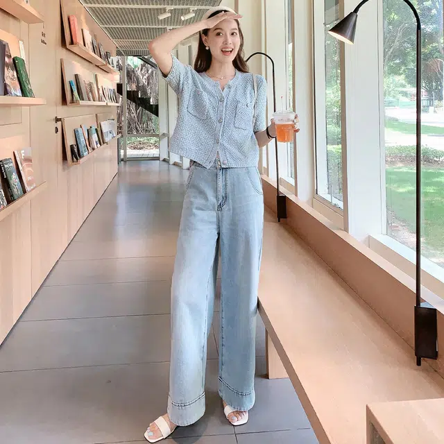 美洋 夏日麻结开衫 全棉小香花呢编织肌理短袖针织衫 女款 蓝色