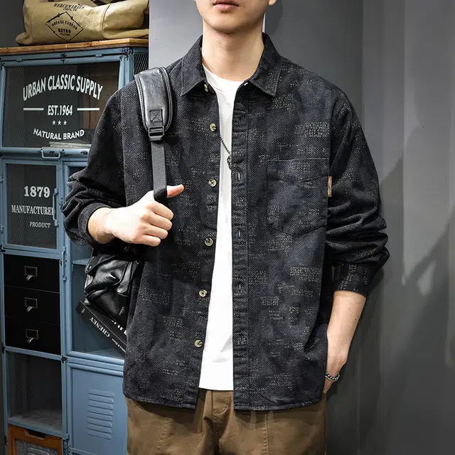 前进牛 美式休闲复古潮牌轻奢设计感印花长袖极简水洗宽松休闲外套衬衫 男女同款