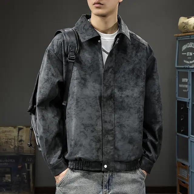 前进牛 阿美咔叽潮牌飞行员美式复古水洗扎染痞帅宽松机车皮衣 男款