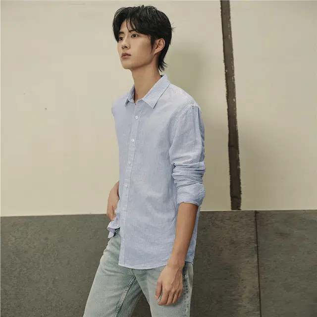 佐丹奴 韩国款天然麻棉梭织休闲长袖衬衫 男款