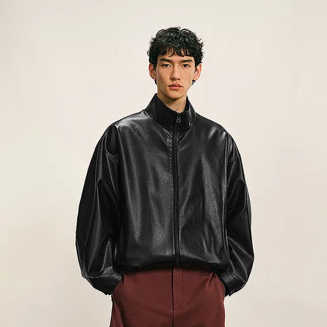 速写 男装短款立领拉链潮流皮衣 男款