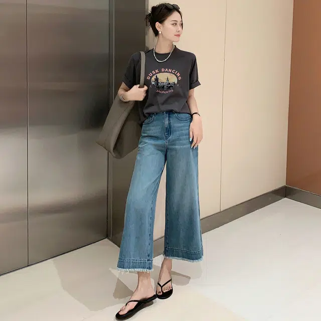 美洋 天菜阔腿裤 怀旧复古水洗休闲高腰宽松八分牛仔裤 女款 蓝色