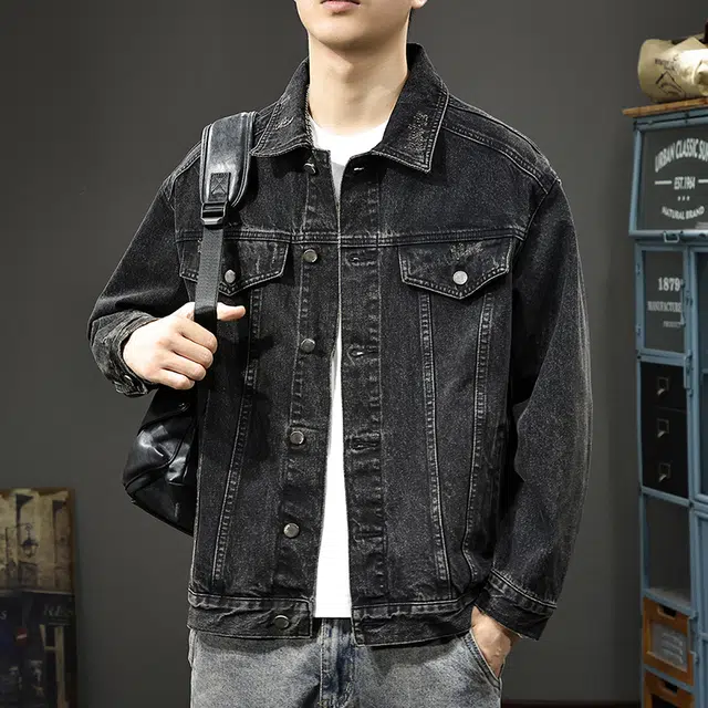 前进牛 秋季美式休闲经潮牌高街军事风重磅外穿上衣衬衫男潮流水洗宽松翻领痞帅工装夹克男牛仔外套 男款
