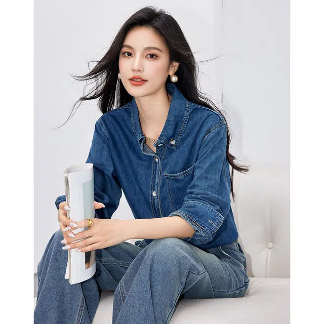 爱依莲 春秋季 时尚百搭高级经典复古长袖衬衫 女款 蓝色