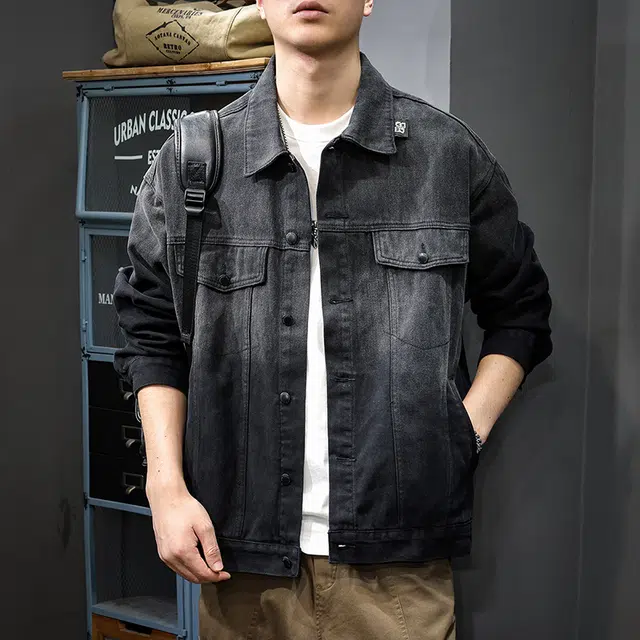 前进牛 美式复古高街潮牌轻奢工装风渐变水洗潮流宽松大码纯棉高级感痞帅工装牛仔外套 男款