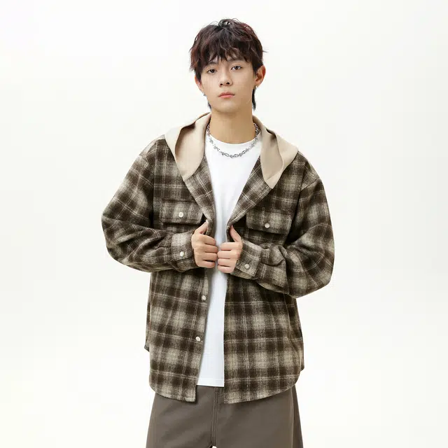 金盾 复古潮牌格子撞色磨毛连帽拼接长袖衬衫外套 男女同款