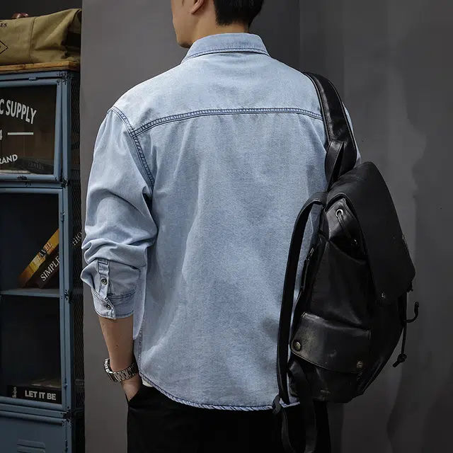 前进牛 秋季美式休闲经典复古潮牌通勤风长袖衬衣流运动学院风雅痞设计感宽松痞帅工装衬衫牛仔外套 男款