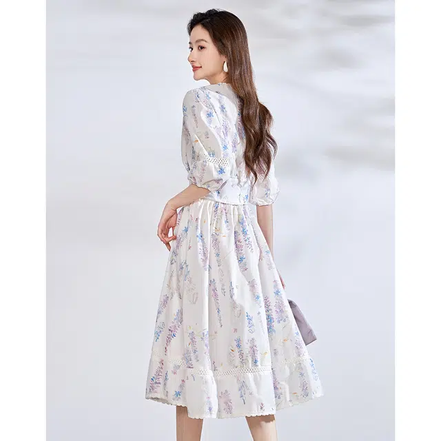 爱依莲 时尚优雅小众飘逸雪纺裙慵懒感通勤桔梗裙清爽透气短袖连衣裙 女款 图片色