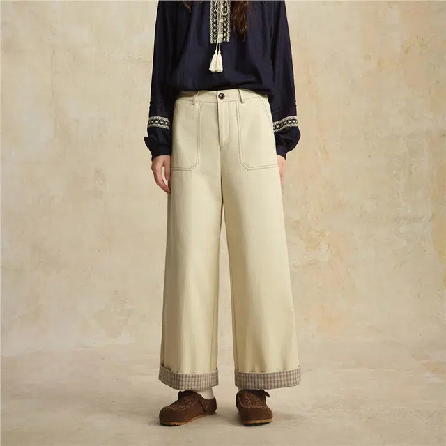 佐丹奴 卢正义明星同款明线拼接格纹半松紧腰梭织阔腿长裤休闲裤 女款