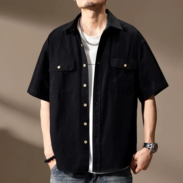 贵色 户外百搭翻领山系叠穿休闲痞帅美式重磅高街复古多口袋潮牌工装宽松型纯色短袖衬衫 男女同款