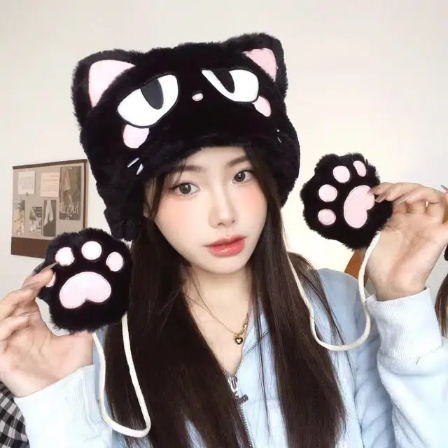 恩僾德 可爱猫耳朵毛绒绒加绒加厚保暖骑车 聚酯纤维 帽子 男女同款情侣款