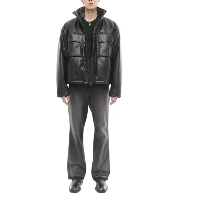 BESLOW BIG POCKET HOODED LEATHER JUMPER