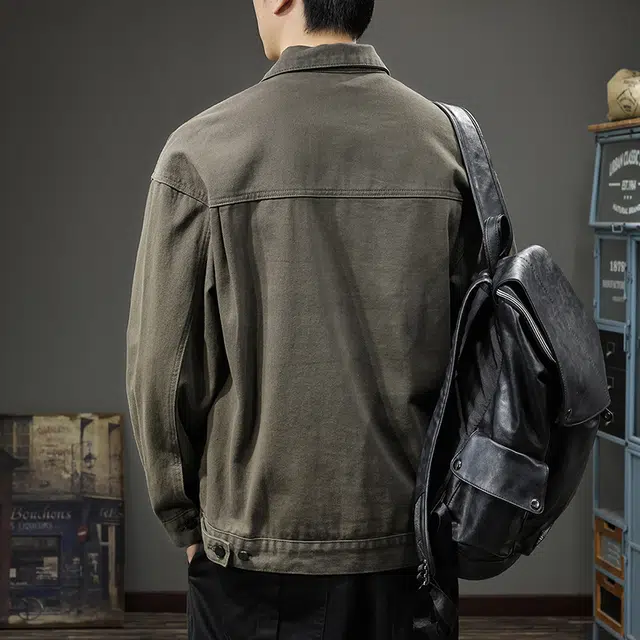 前进牛 秋季阿美咔叽复古潮牌军事风痞帅重磅休闲外穿上衣男潮流百搭宽松多口袋硬汉翻领夹克男牛仔外套 男款