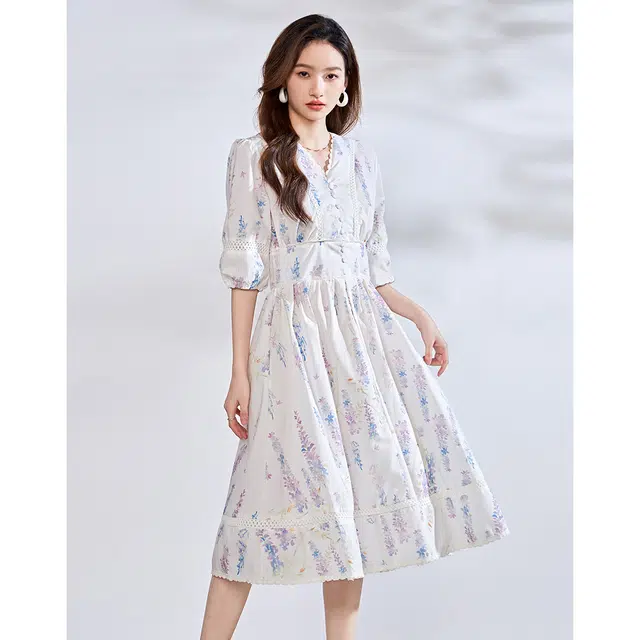 爱依莲 时尚优雅小众飘逸雪纺裙慵懒感通勤桔梗裙清爽透气短袖连衣裙 女款 图片色