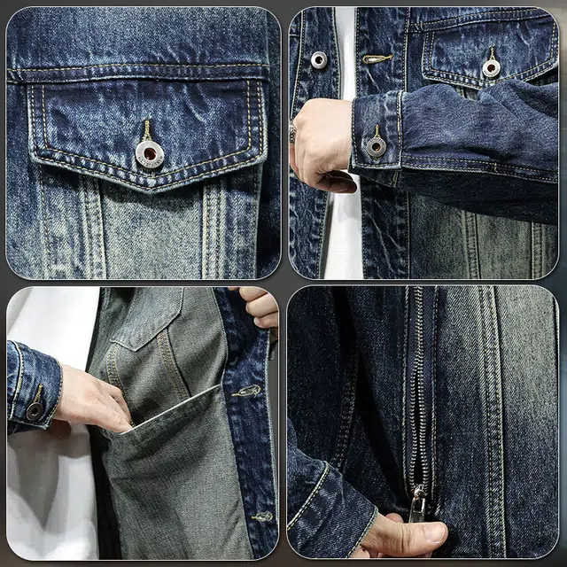 前进牛 秋季美式休闲复古潮牌拽酷风工装拉链口袋水洗做旧潮流高街嘻哈街头痞帅拼接宽松大码翻领牛仔外套 男款