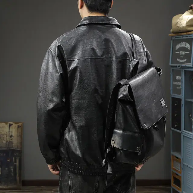 前进牛 秋季美式休闲经典潮牌酷感复古机车宽松潮流百搭痞帅翻领皮衣 男款