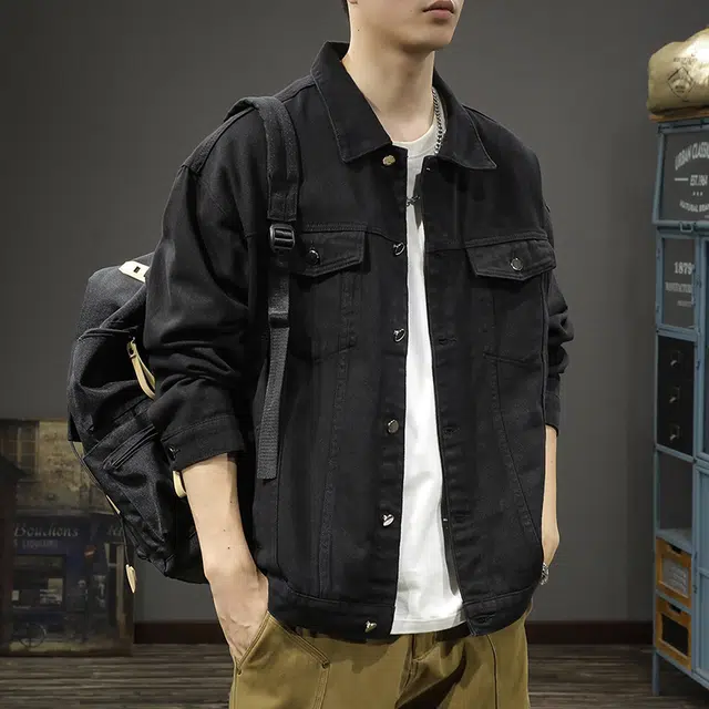 前进牛 美式休闲复古潮牌通勤风夹克长袖宽松休闲翻领工装外痞帅衬衣男牛仔外套 男款