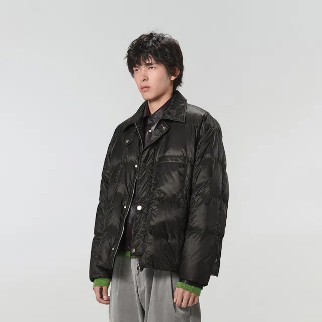 速写 纯色单排扣翻领宽松短款羽绒服外套 男女同款