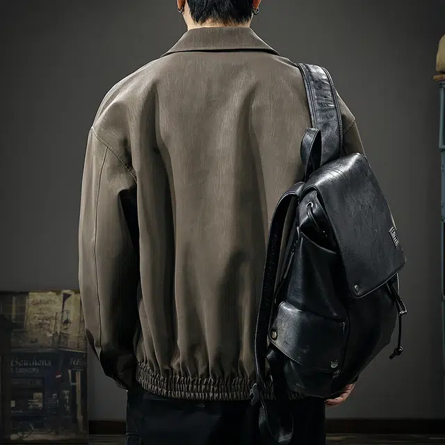 前进牛 美式休闲经典潮牌潮流百搭宽松休闲工装皮衣 男款