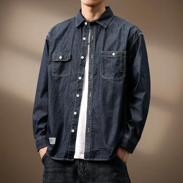 贵色 休闲工装纯色水洗丹宁硬汉外套微磨毛肌理感美式复古薄款长袖衬衫 男女同款