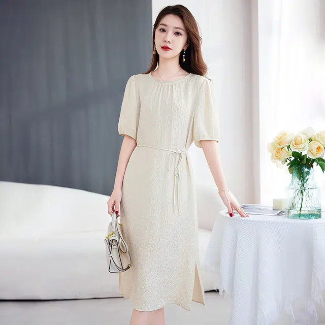 水墨佳人 植物花卉圆领中长短袖连衣裙 女款 米金色