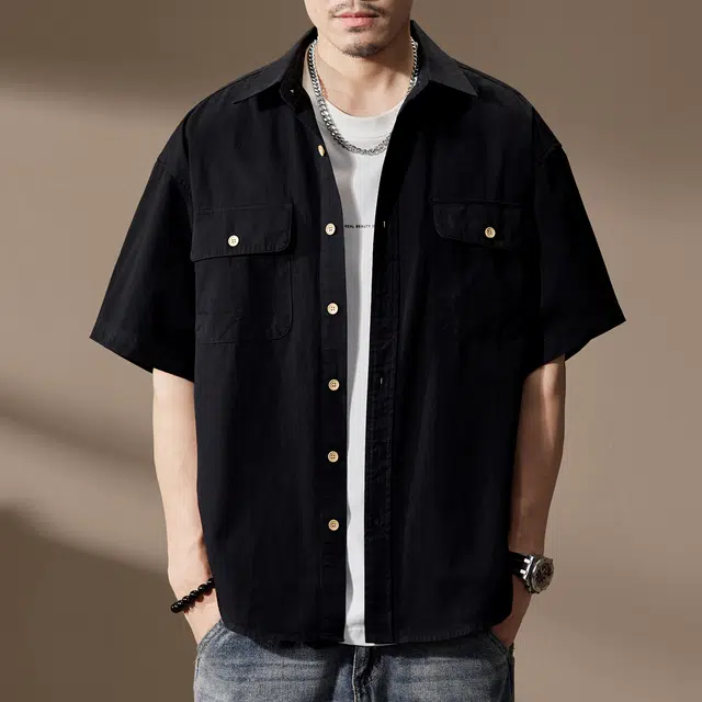 贵色 户外百搭翻领山系叠穿休闲痞帅美式重磅高街复古多口袋潮牌工装宽松型纯色短袖衬衫 男女同款