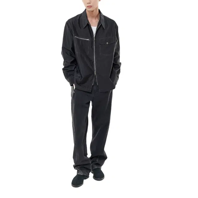 BESLOW CURVED LINE LEATHER DENIM PANTS