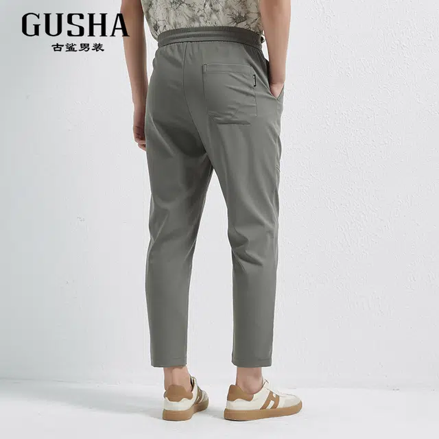 古鲨 弹力免烫卫裤抗皱系带松紧夏季百搭舒适休闲裤 男款