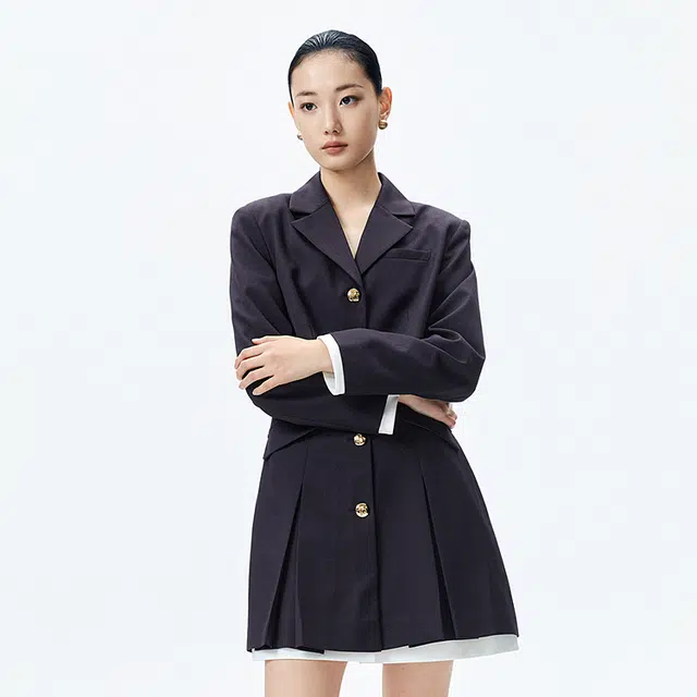 太平鸟 暗条纹西装连衣裙 女款 藏青