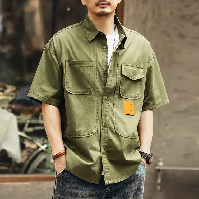 格蓝鹿 经典美式复古高街纯色短袖衬衫 男女同款