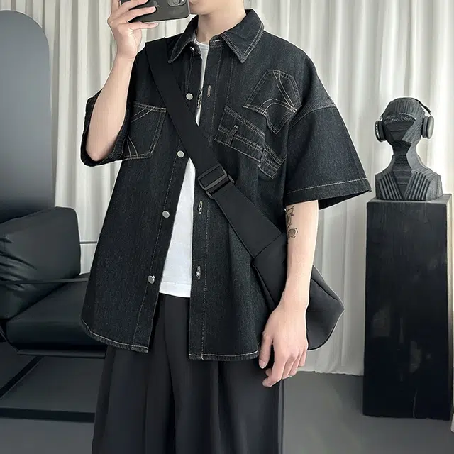 金盾 夏季外套潮流牛仔翻领短袖衬衫 男款