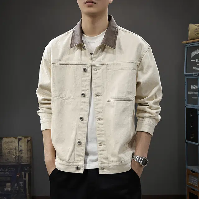 前进牛 美式经典撞色潮牌复古运动学院风翻领潮流雅痞轻奢高端工装重磅水洗纯棉上衣牛仔外套 男款