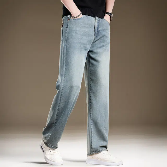 贵色 薄款透气冰丝凉感水洗做旧阔腿直筒裤美式高端复古休闲垂感牛仔裤 男女同款