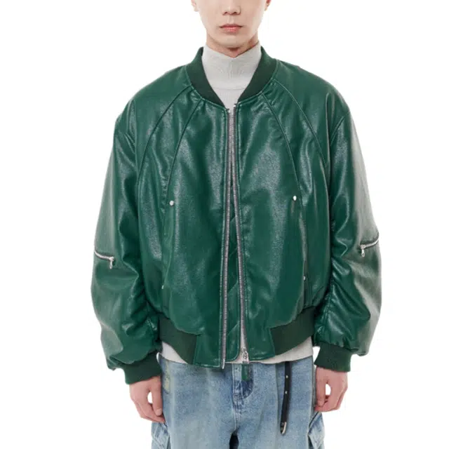 BESLOW CURVED LINE FAUX LEATHER BOMBER JUMPER