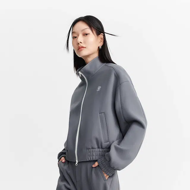 太平鸟 仿麂皮绒立领撞色截短外套 女款 灰色