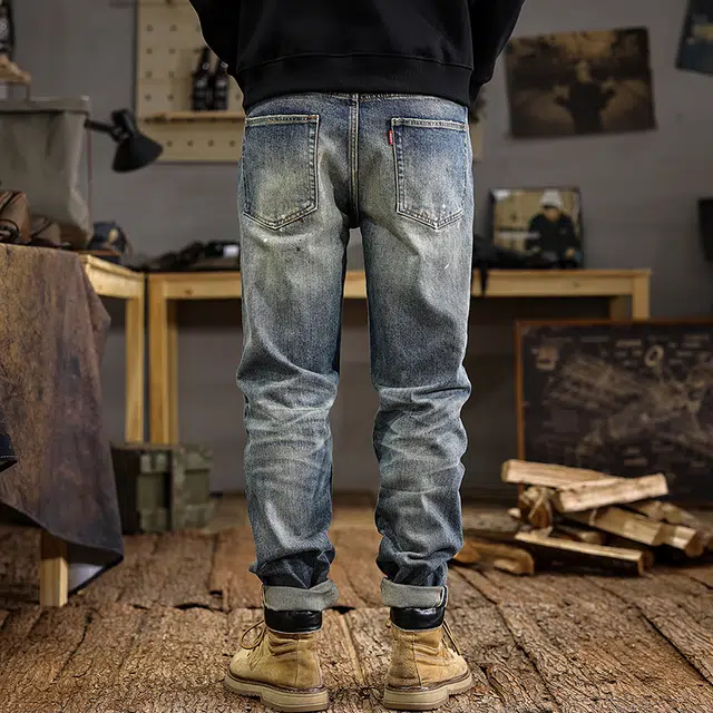 遨宇 美式经典复古潮牌水洗极简风高级感泼墨潮流休闲户外百搭修身直筒长裤牛仔裤 男款