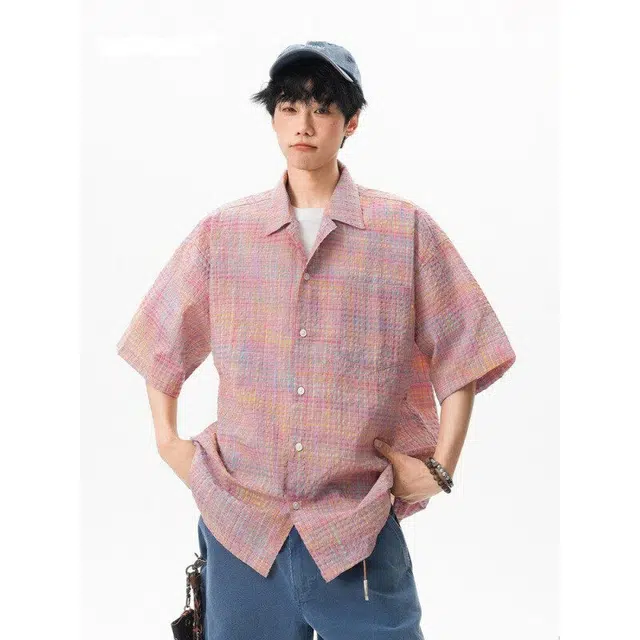 金盾 情侣设计感小众外套泡泡纱美式潮牌格短袖衬衫 男女同款