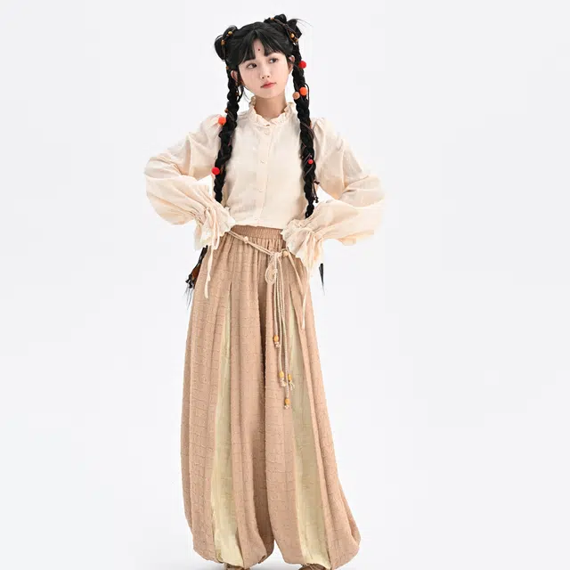 森女部落 基础款花边立领宽松长袖衬衫 女款 杏色