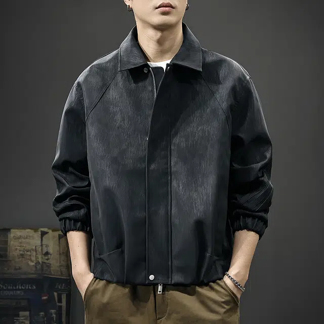 前进牛 阿美咔叽轻奢高端潮牌复古潮流暗黑酷感宽松翻领痞帅高街飞行员皮衣 男款