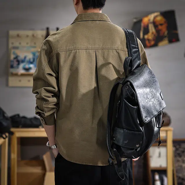 遨宇 美式复古重磅水洗长袖宽松大码翻领衬衣纯棉休闲户外套潮衬衫 男女同款