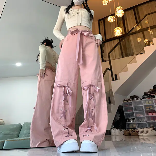 纤丝鸟 多巴胺少女蝴蝶结绑带设计感甜酷高腰垂感直筒工装裤 女款