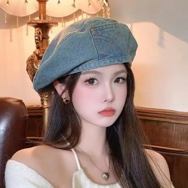 恩僾德 水洗做旧牛仔小众百搭复古怀旧大头围口袋设计春夏圆脸显脸小 聚酯纤维 贝雷帽 男女同款情侣款