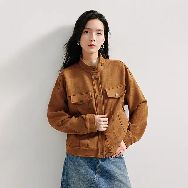 茵曼 麂皮绒休闲户外立领单排扣复古长袖夹克外套 女款 礼盒装