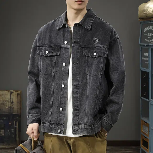 前进牛 秋季美式休闲复古潮牌工装风水洗宽松大码潮流机车痞帅军事风牛仔外套 男款