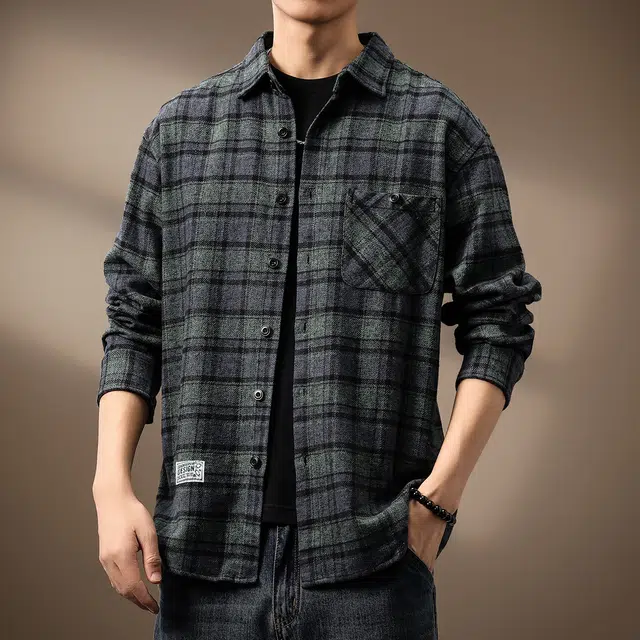 贵色 潮流百搭通勤休闲慵懒大码高端纯棉提花格纹长袖衬衫 男女同款